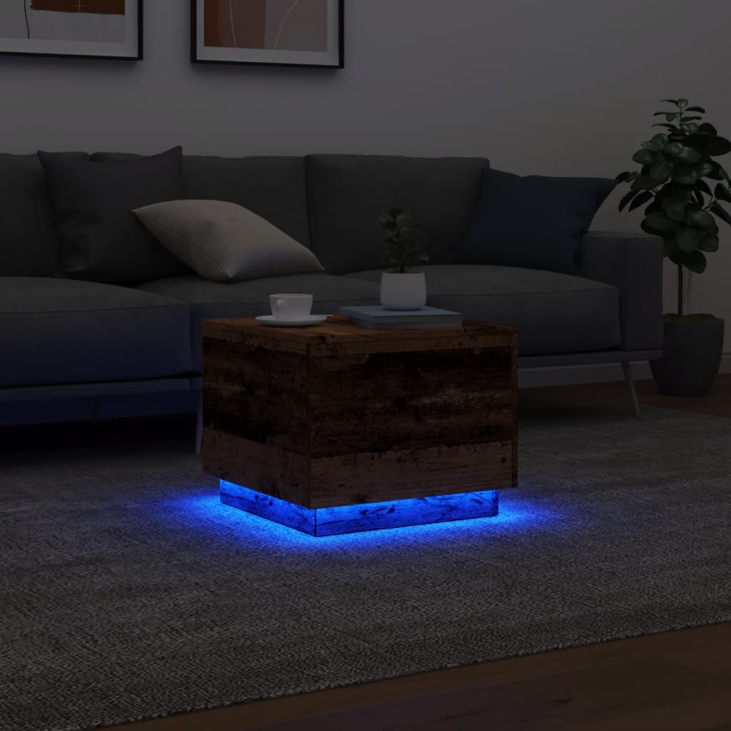 Coffee table with LED lights, old wood, 50x50x40 cm