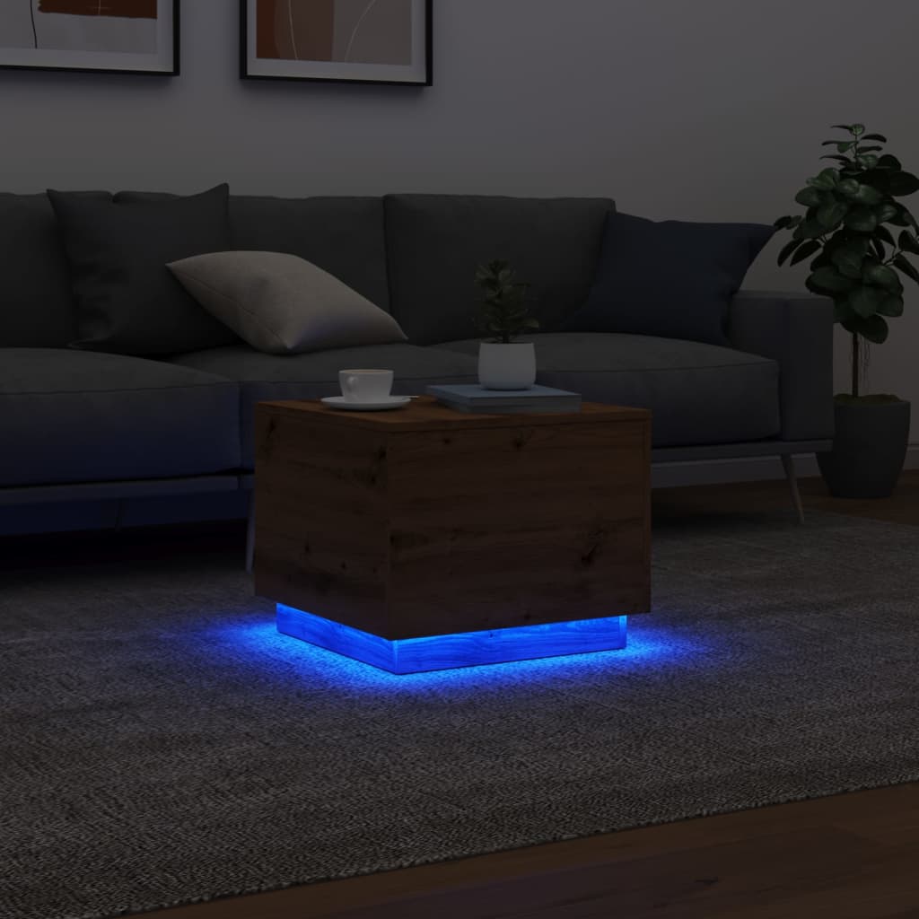 Coffee table with LED lights, handcrafted oak, 50x50x40 cm