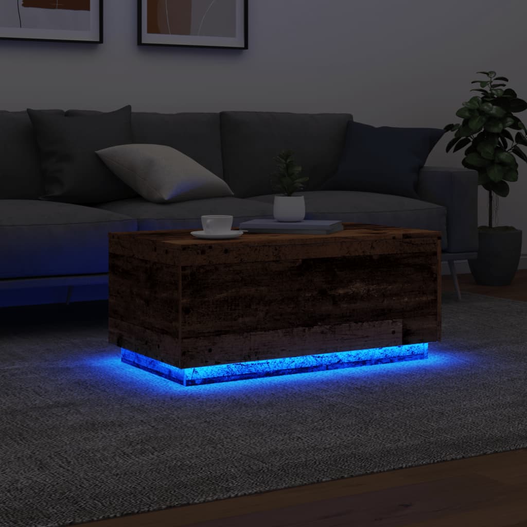 Coffee table with LED lights, old wood, 90x50x40 cm