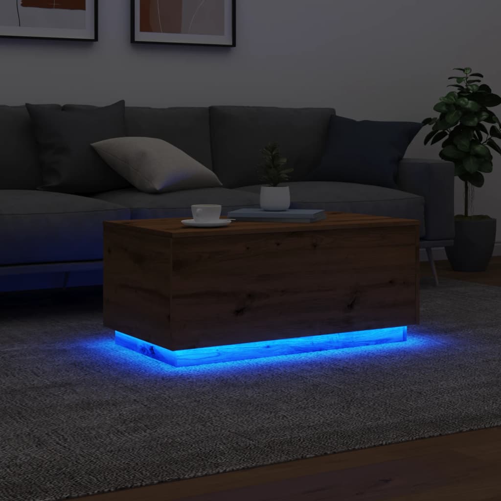 Coffee table with LED lights, handcrafted oak, 90x50x40 cm