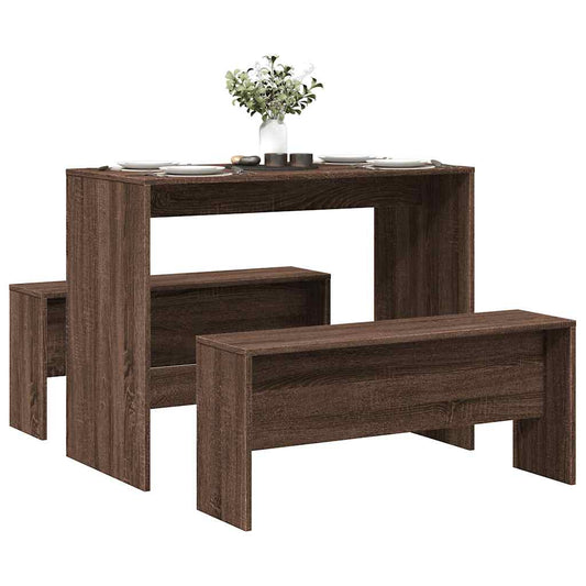 3-piece table and bench set made of brown oak wood