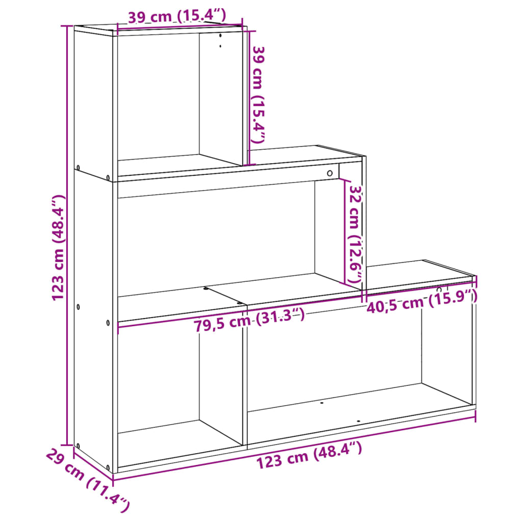 Bookcase/room divider 3 levels, white, 123x29x123 cm wood