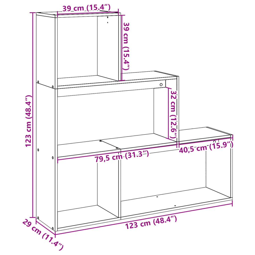 Bookcase/divider 3 levels smoky oak 123x29x123 cm wood