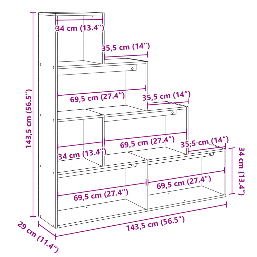 Bookcase/divider 4 levels, black 143.5x29x143.5cm wood