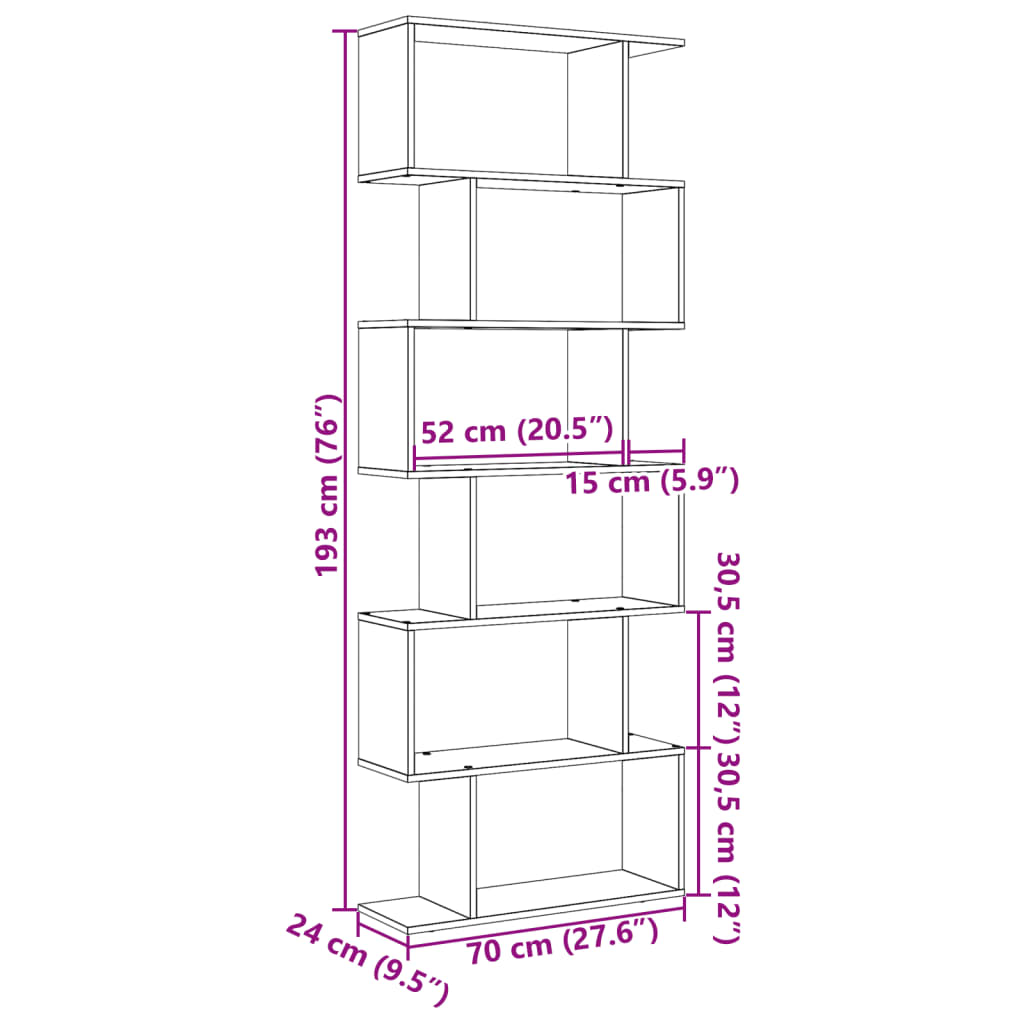 Bibliotecă/separator cameră, 6 niveluri, alb, 70x24x193cm, lemn