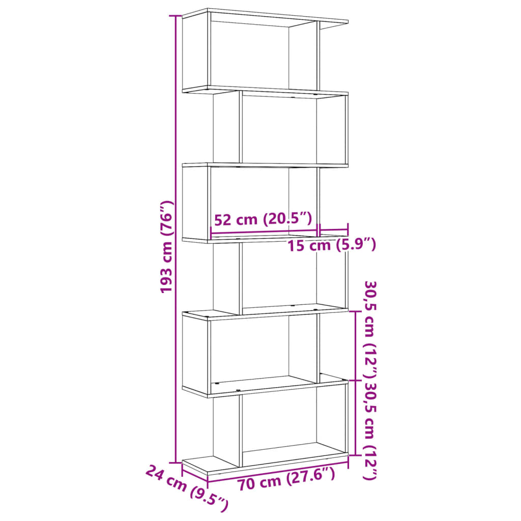 Bookcase/separator 6 levels concrete gray 70x24x193 cm wood