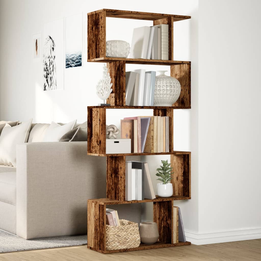 Bookcase/separator 5 levels old wood 70x24x161 cm wood