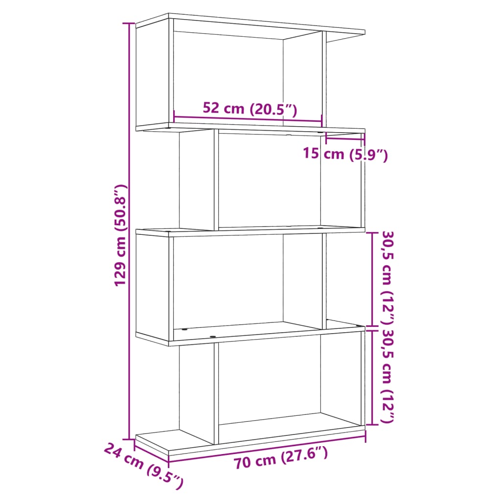 Bookcase/divider 4 levels old wood 70x24x129cm wood