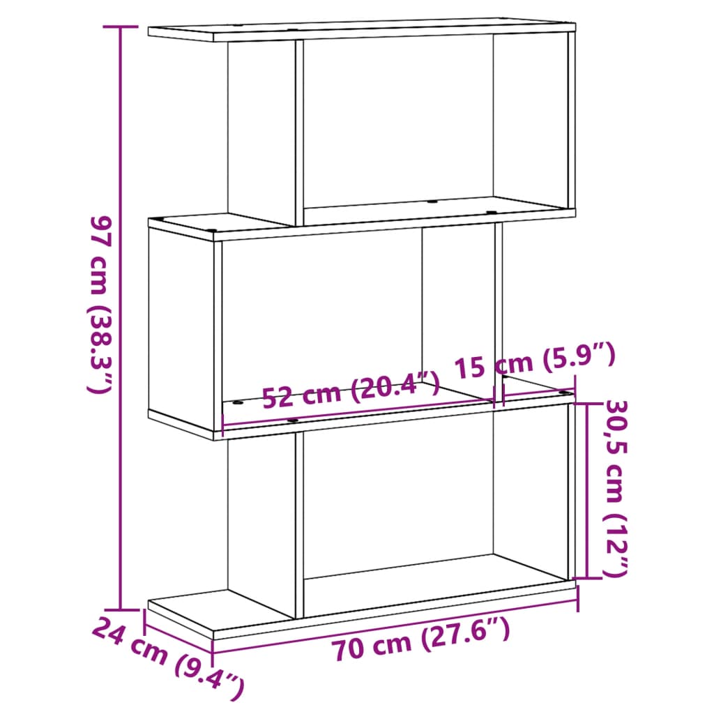 Bibliotecă/separator cameră, 3 niveluri, alb, 70x24x97 cm, lemn