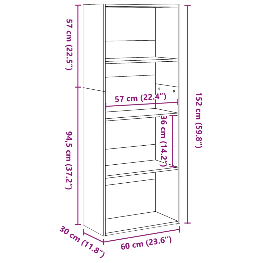 Bookcase, black, 60x30x152 cm, processed wood