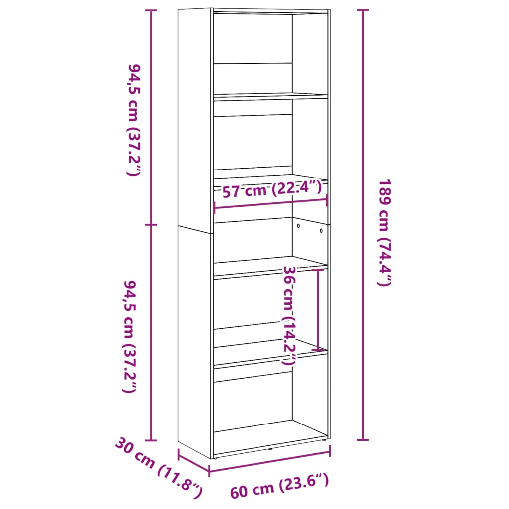 Bookcase, black, 60x30x189 cm, processed wood