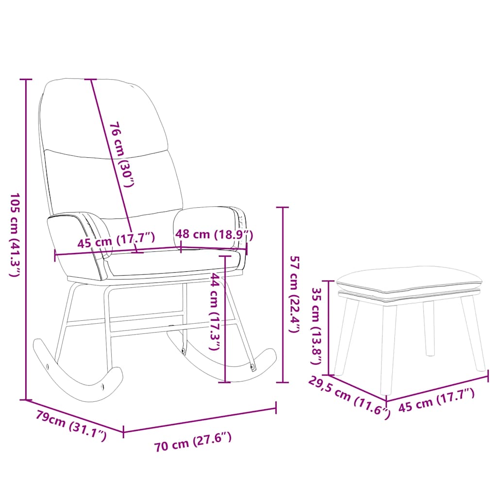 Rocking chair with footrest, pink, velvet