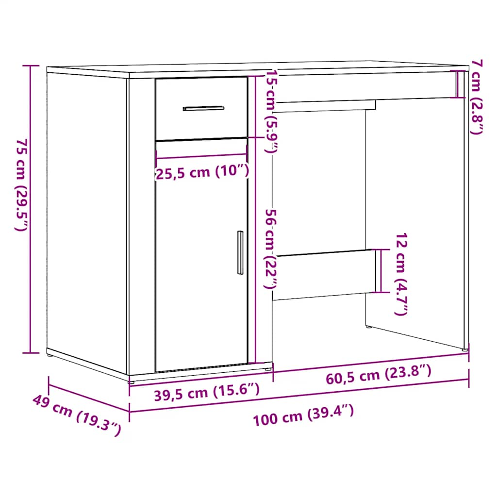 Birou, stejar artizanal, 100x49x75 cm, lemn prelucrat