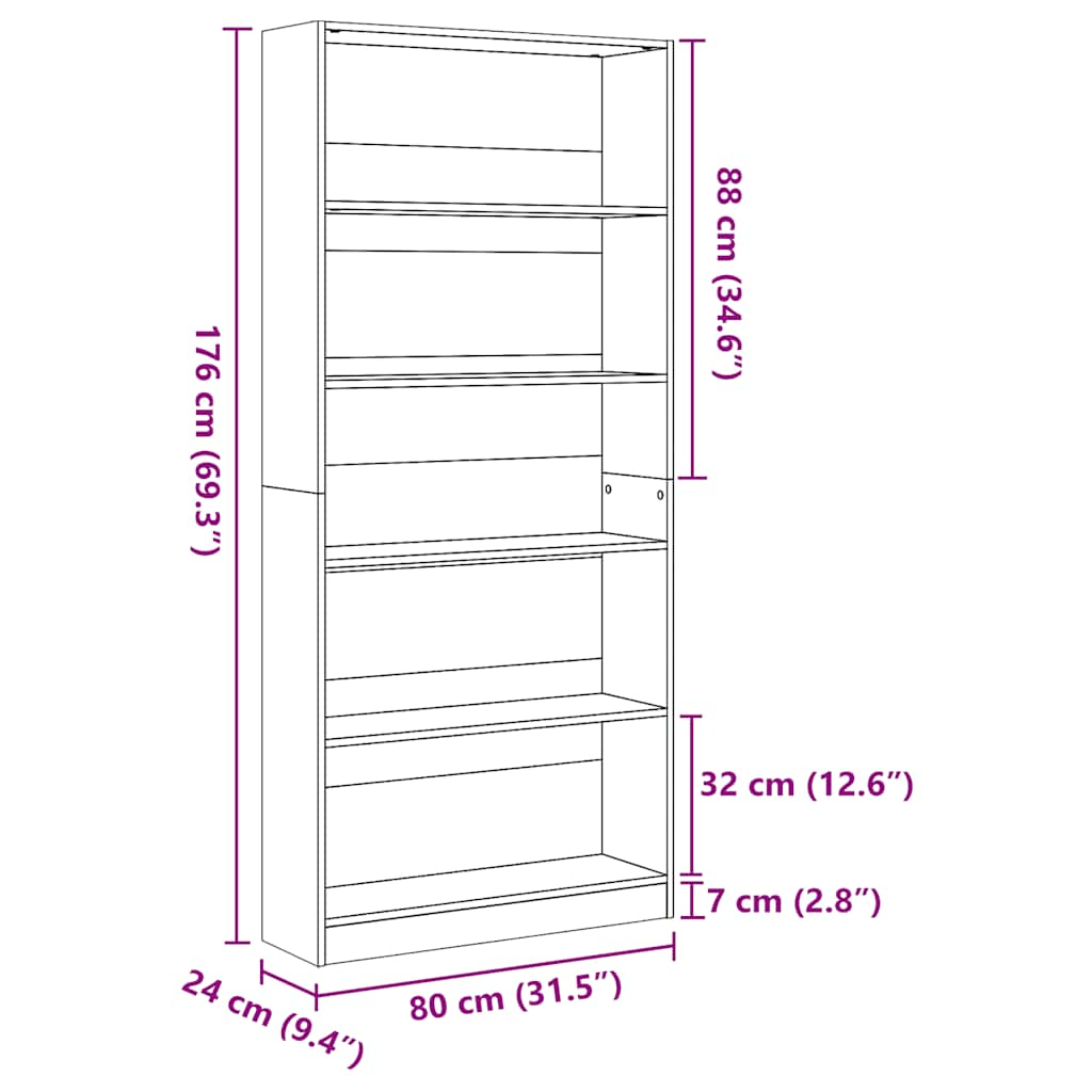 Bookcase, high-gloss white, 80x24x176 cm, engineered wood