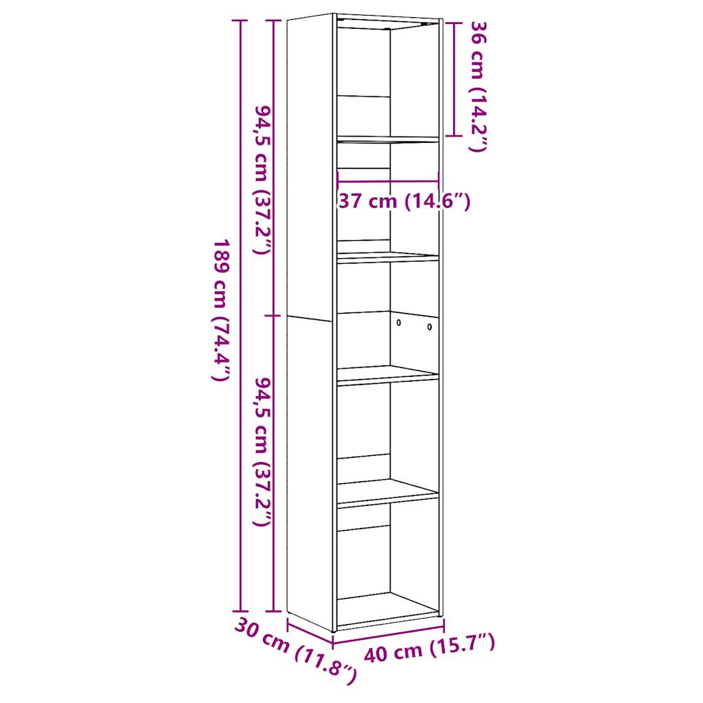 Bookcase, high-gloss white, 40x30x189 cm, engineered wood