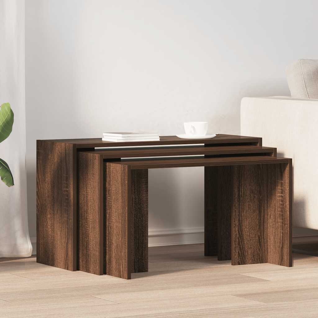 Stackable coffee tables, 3 pcs., brown oak, processed wood