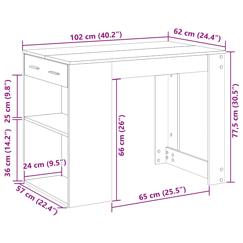 Desk with drawer and shelf white 102x62x77.5 cm processed wood