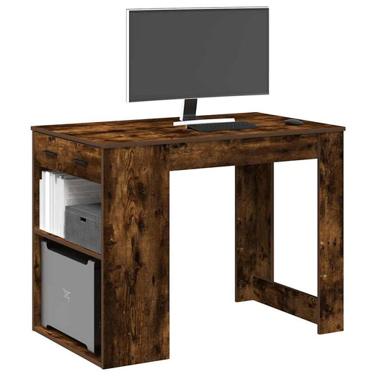 Desk with drawer and shelf Smoked oak 102x62x77.5cm processed wood