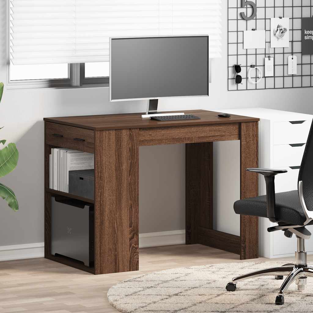 Desk with drawer and shelf Brown oak 102x62x77.5 cm processed wood