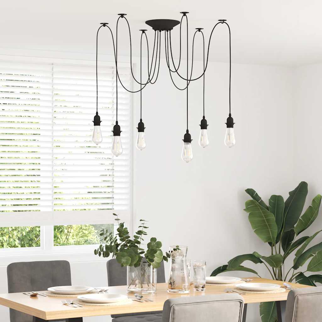 Hanging lamp with 6 E27 black metal holders