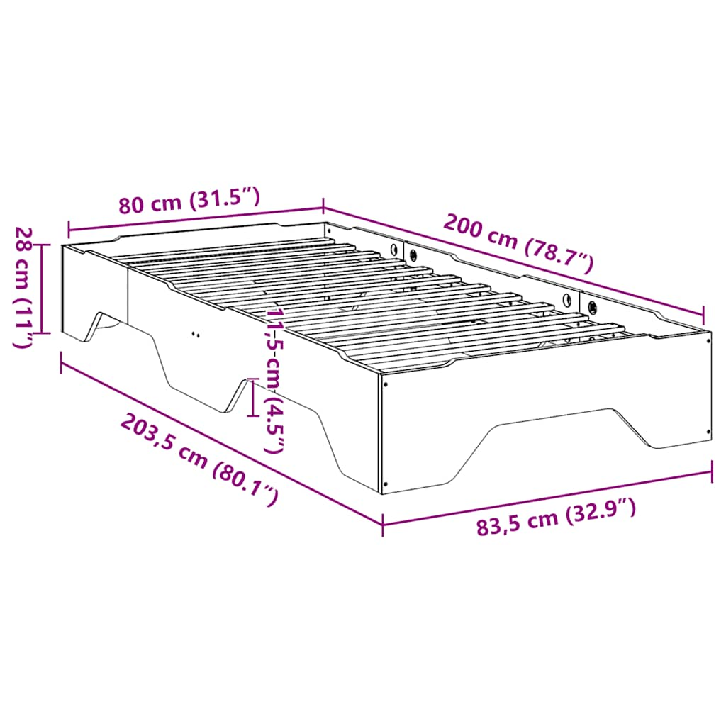 Cadru de pat fără saltea stivuită 80x200 cm din lemn masiv