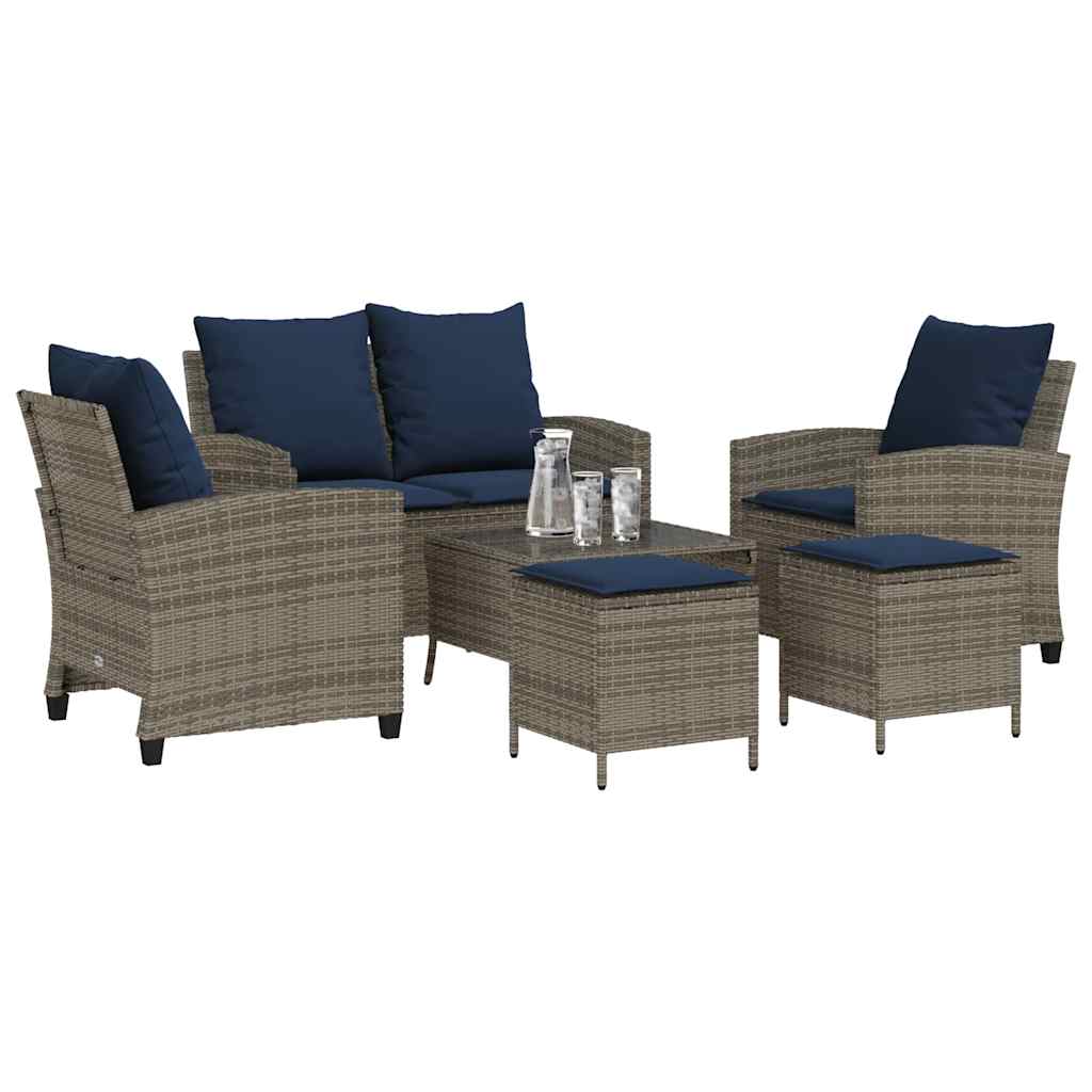 Garden furniture set with cushions, 6 pieces, grey, polyrattan