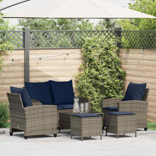 Garden furniture set with cushions, 6 pieces, grey, polyrattan