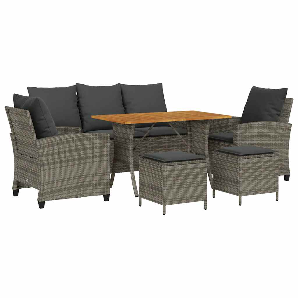 Garden furniture set with cushions, 6 pieces, grey, polyrattan