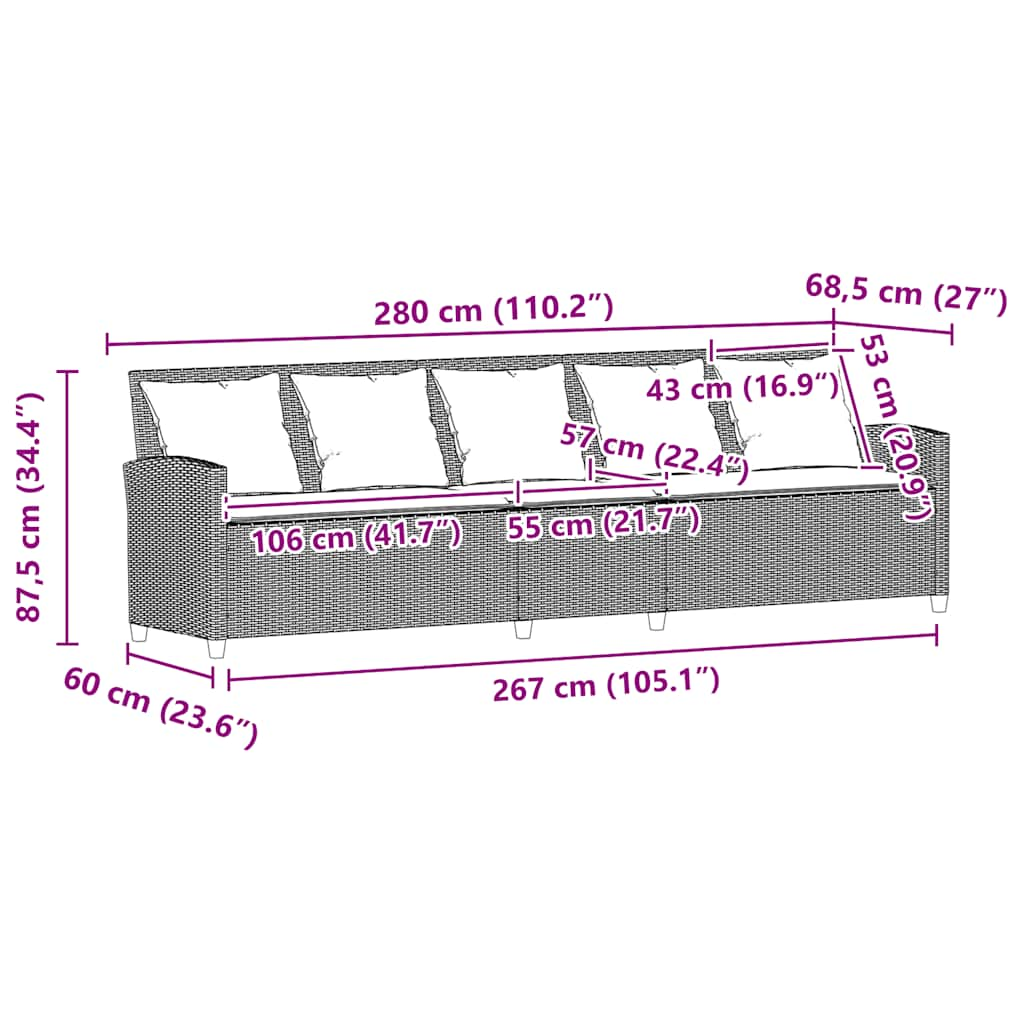 5-seater garden sofa with black polyrattan cushions