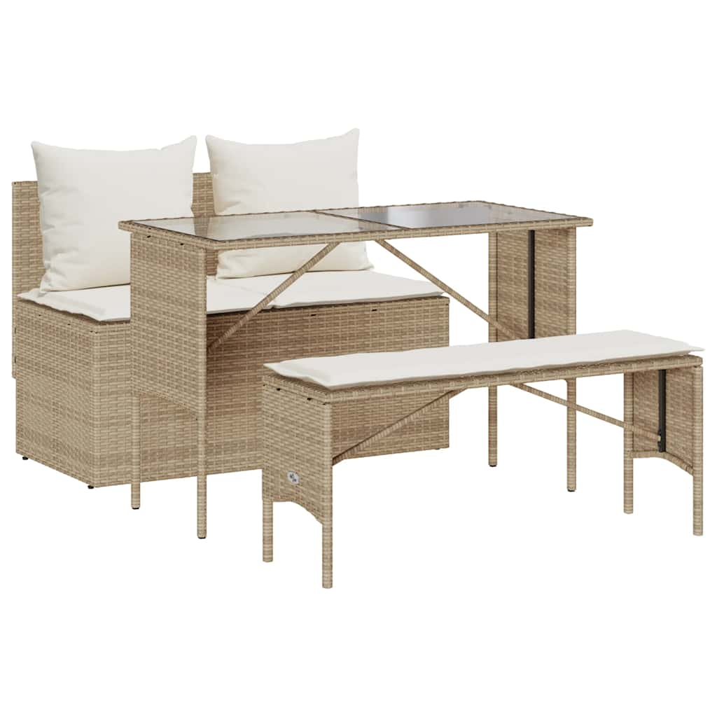 Garden furniture set with cushions, 3 pieces, beige, polyrattan