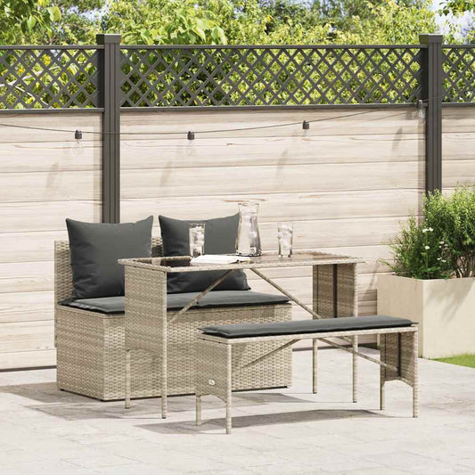 Garden furniture set with cushions, 3 pieces, light grey, polyrattan