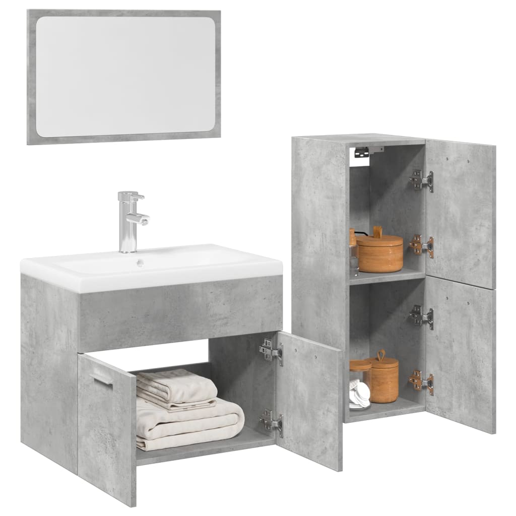 Bathroom furniture set, 3 pieces, concrete grey, composite wood