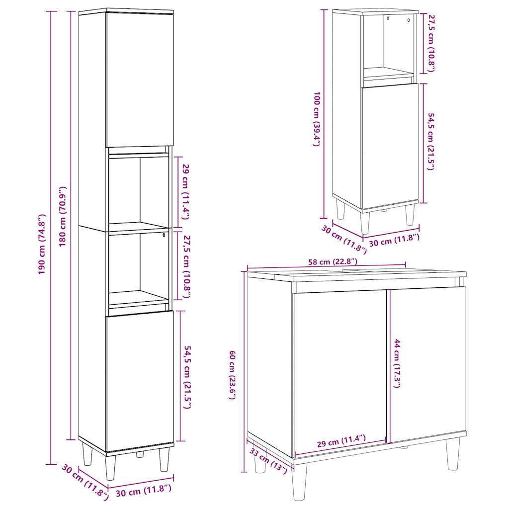 Bathroom furniture set, 3 pieces, concrete grey, composite wood