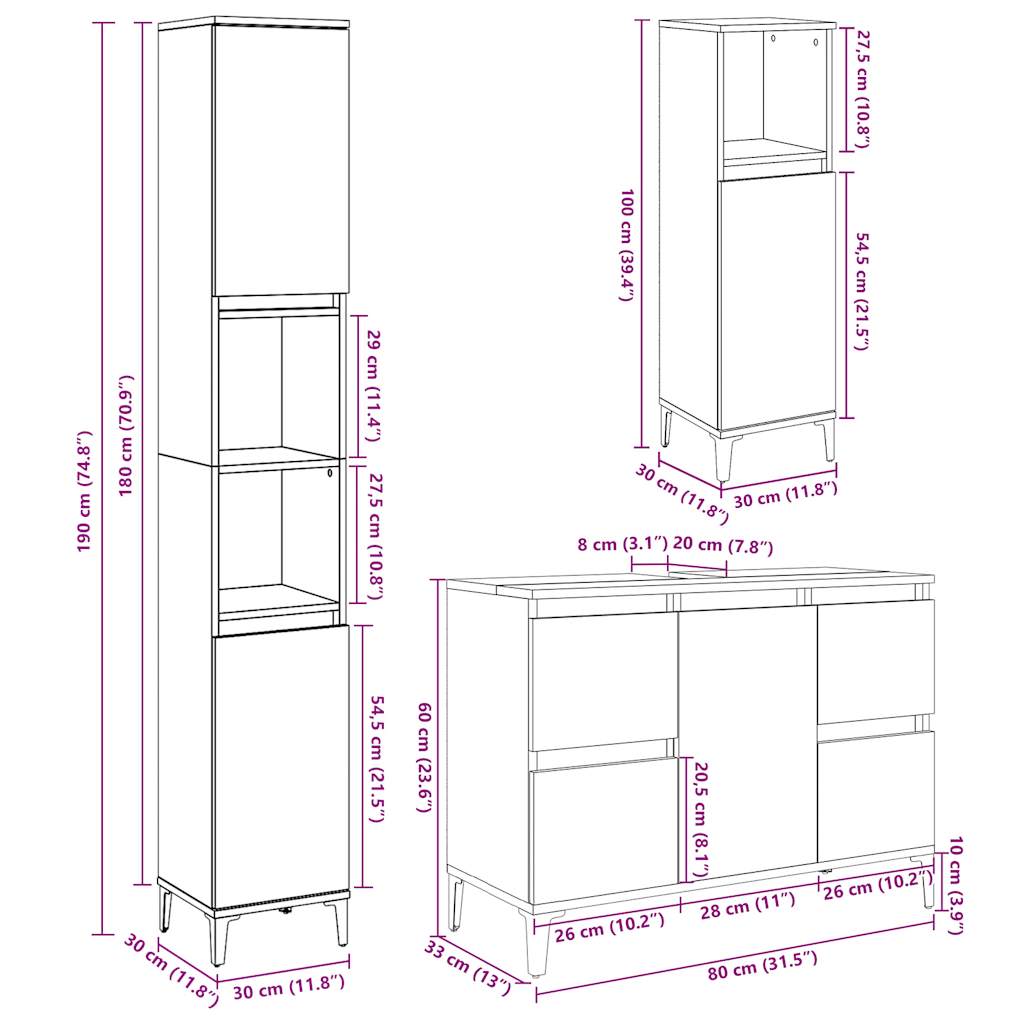 Bathroom furniture set, 3 pieces, concrete grey, composite wood