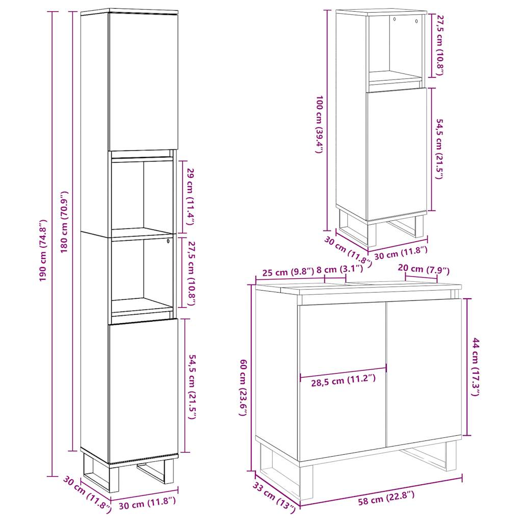 Set mobilier de baie, 3 piese, gri beton, lemn compozit