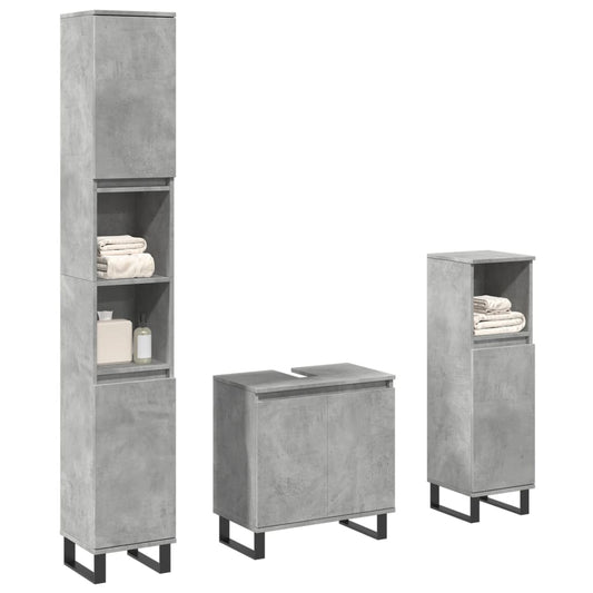 Set mobilier de baie, 3 piese, gri beton, lemn compozit