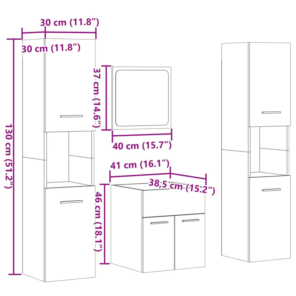 Bathroom furniture set, 4 pieces, sonoma oak, engineered wood