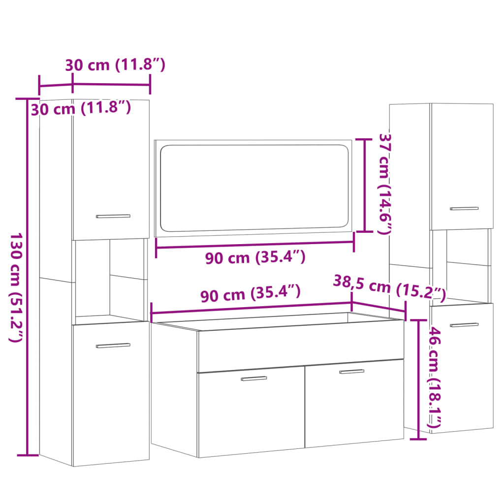 Bathroom furniture set, 4 pieces, sonoma oak, engineered wood