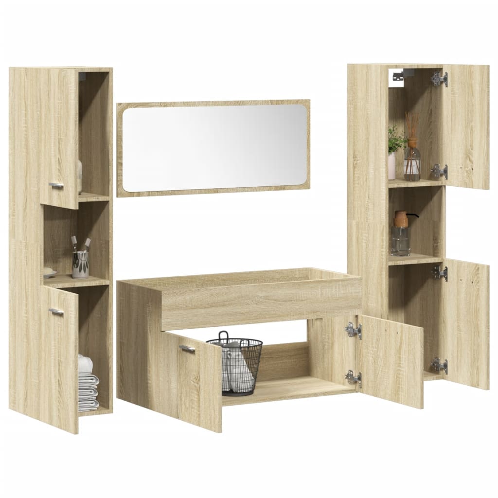 Set mobilier de baie, 4 piese, stejar sonoma, lemn prelucrat