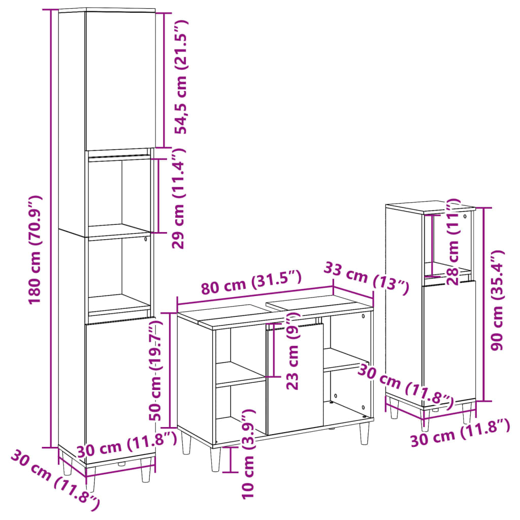 Bathroom furniture set, 3 pieces, sonoma oak, engineered wood