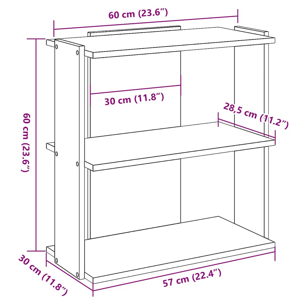 3-tier bookcase, white 60x30x60 cm processed wood