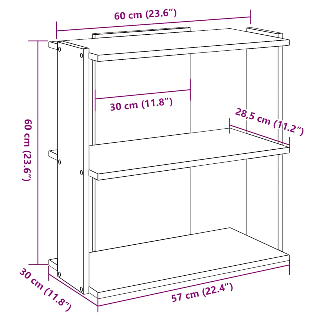 3-tier bookcase, black, 60x30x60 cm, processed wood