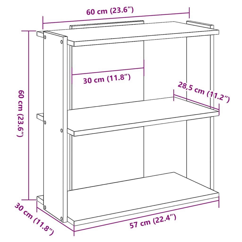 3-tier bookcase, sonoma oak, 60x30x60 cm, wood