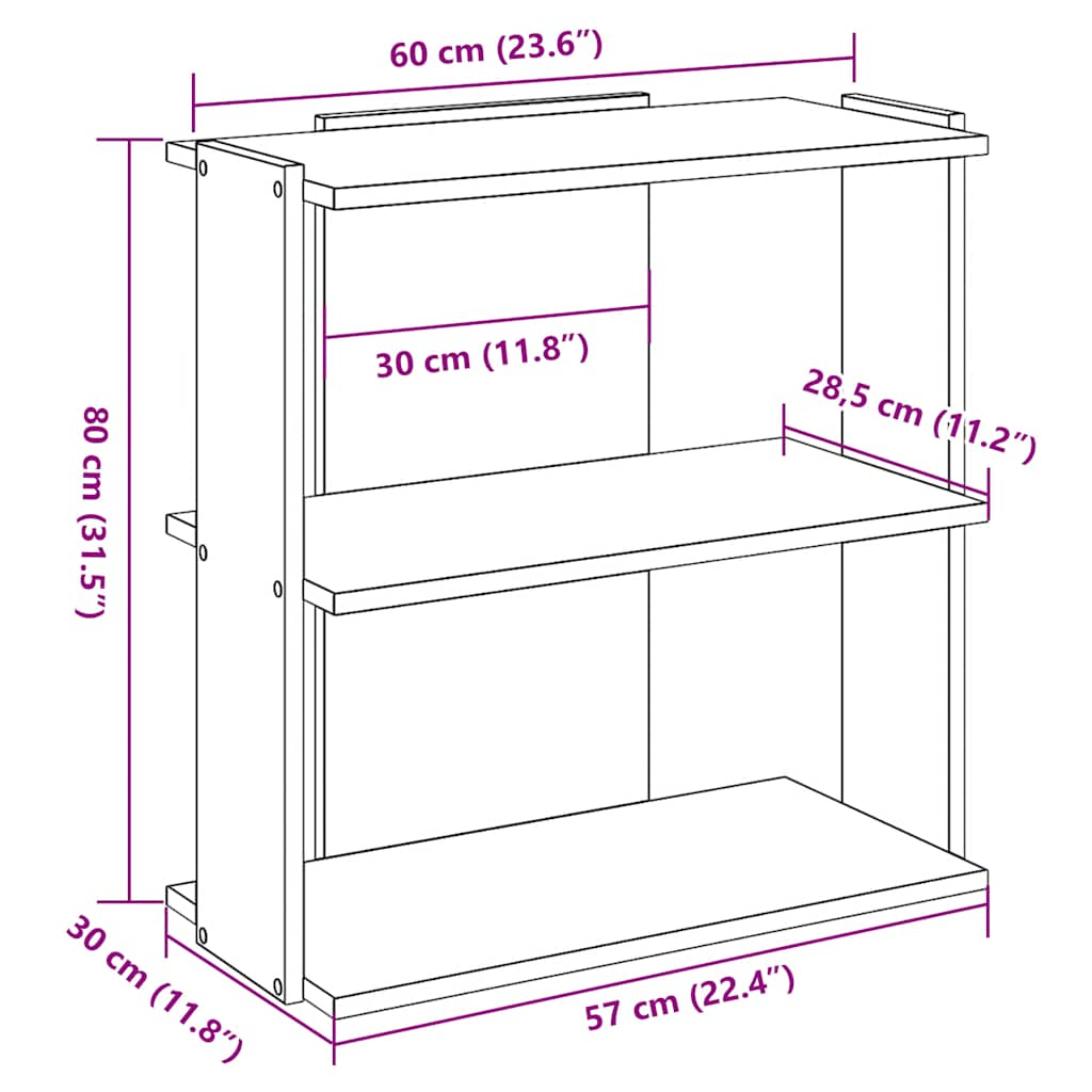 3-tier bookcase, concrete gray, 60x30x80 cm processed wood