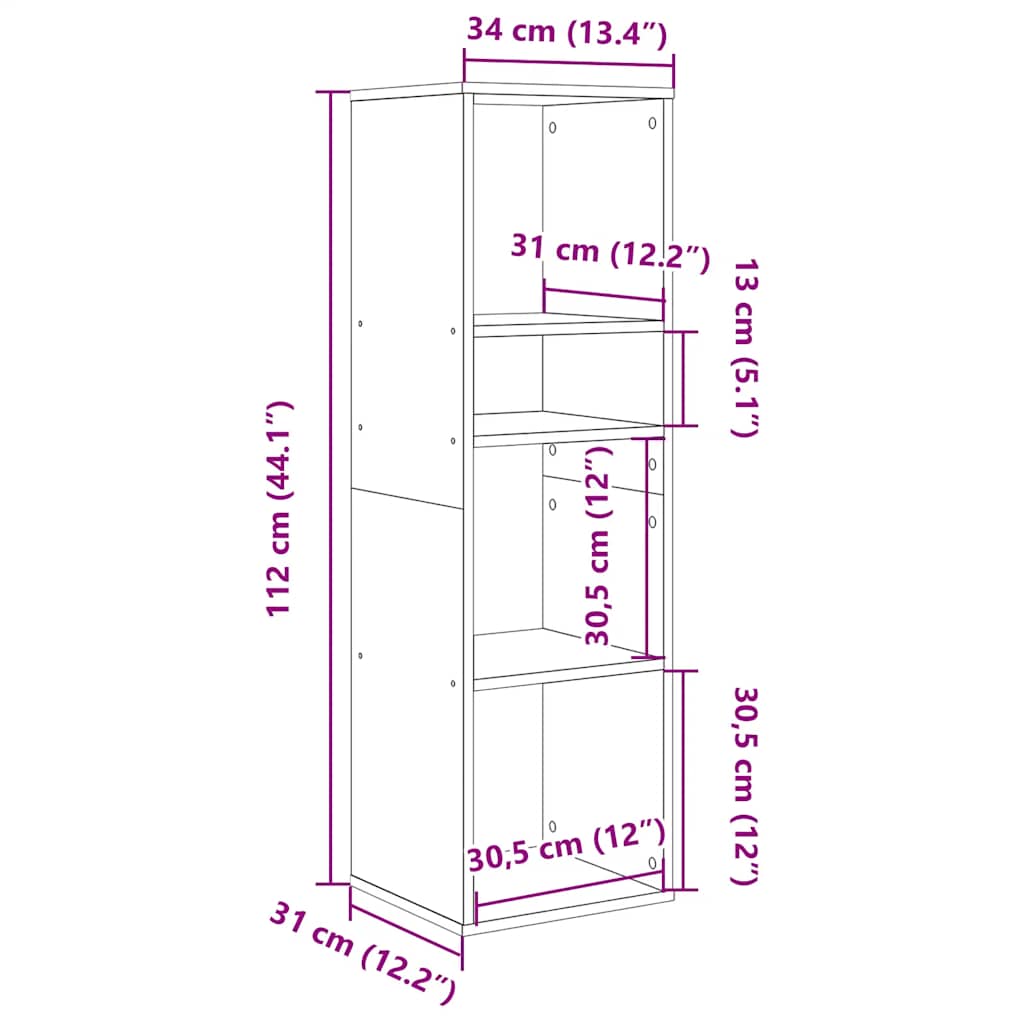 Bookcase, handcrafted oak, 34x31x112 cm, processed wood