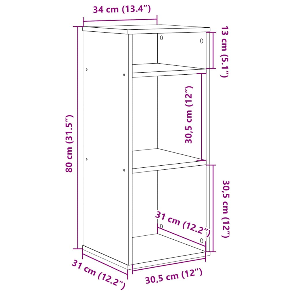 Bookcase, brown oak, 34x31x80 cm, processed wood