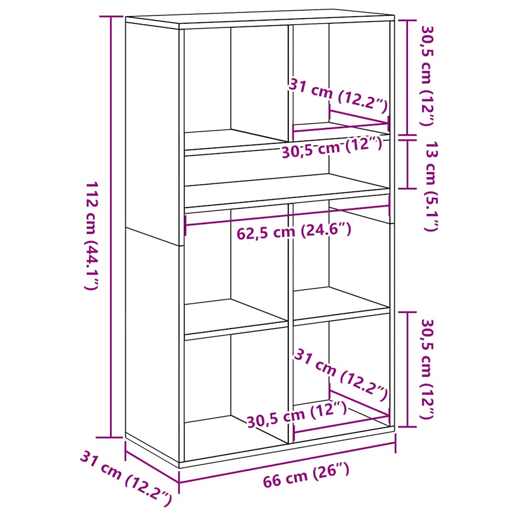 Bookcase, brown oak, 66x31x112 cm, processed wood