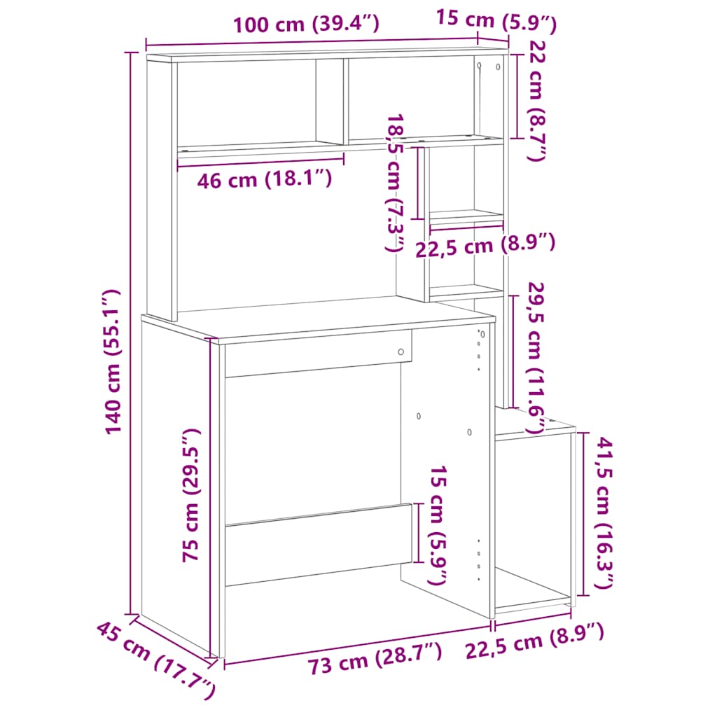 Birou cu rafturi, negru, 100x45x140 cm, lemn compozit