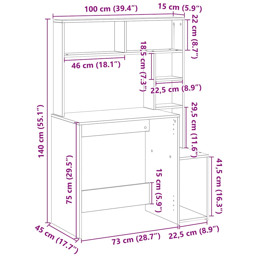 Birou cu rafturi, gri sonoma, 100x45x140 cm, lemn compozit