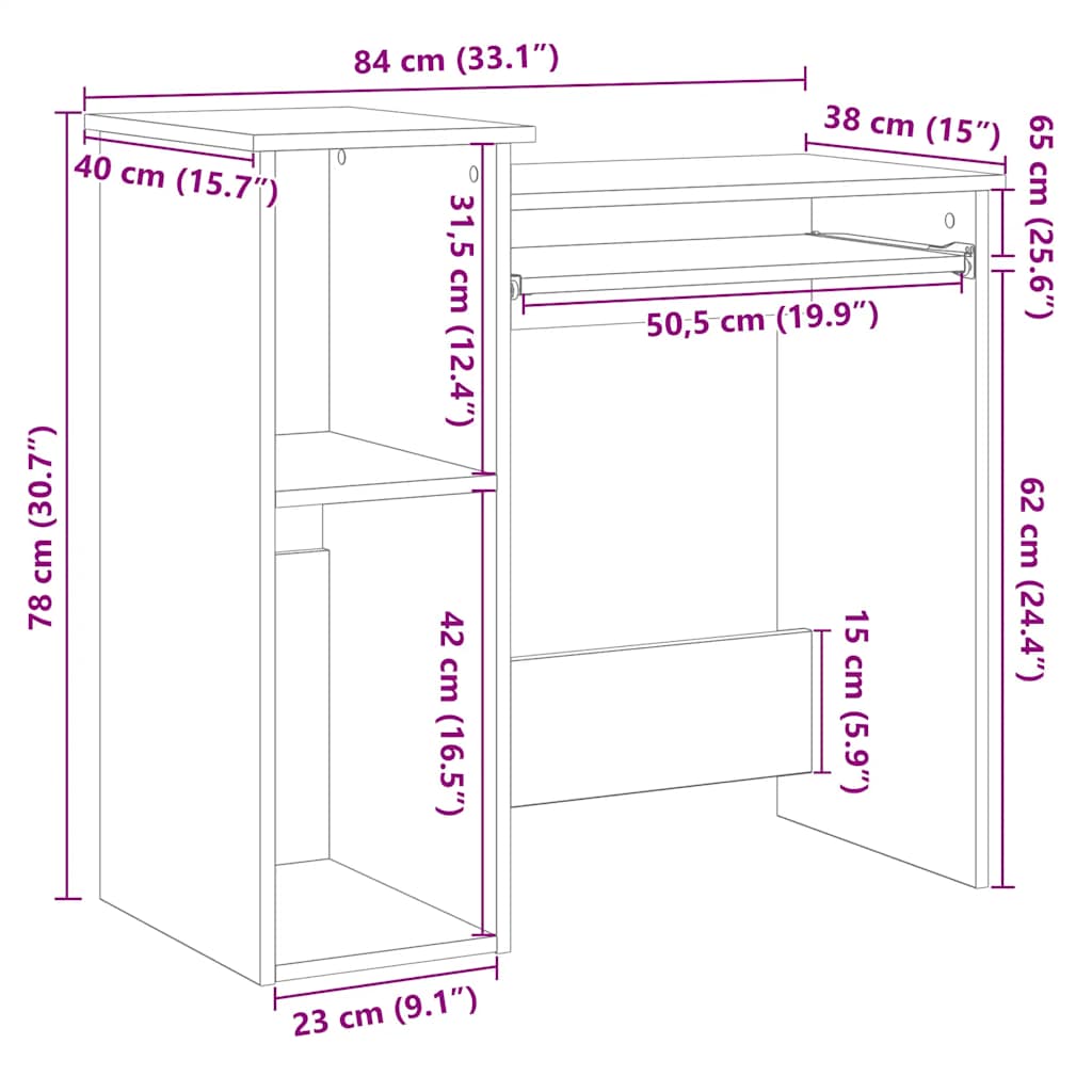 Birou cu rafturi, gri beton, 84x40x78 cm, PAL